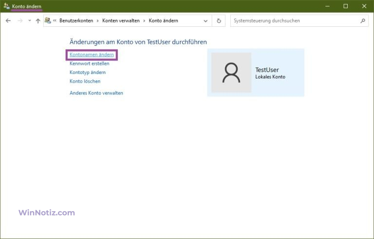 Die Name des lokalen Kontos in Windows 10 ändern - WinNotiz.com